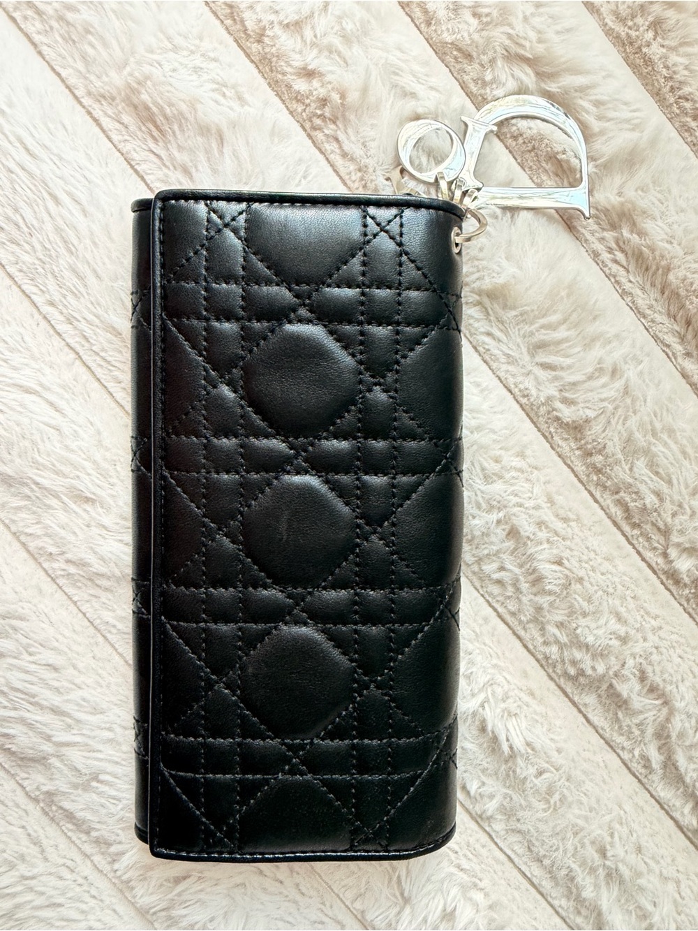 Dior Black Quilted Leather Wallet with Silver Dior Charm